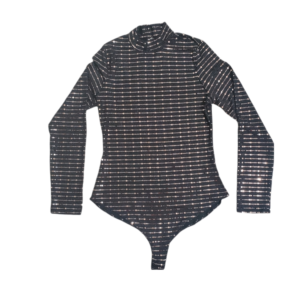 Iris Basic Women's Gold Sequin Black Bodysuit NWT